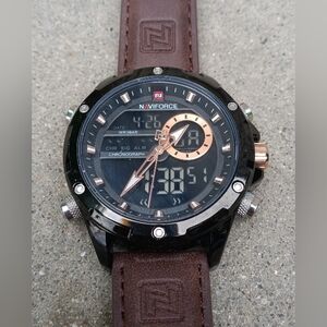 Naviforce Men's Watch Leather Strap Digital LED Quartz Luminous Chronograph